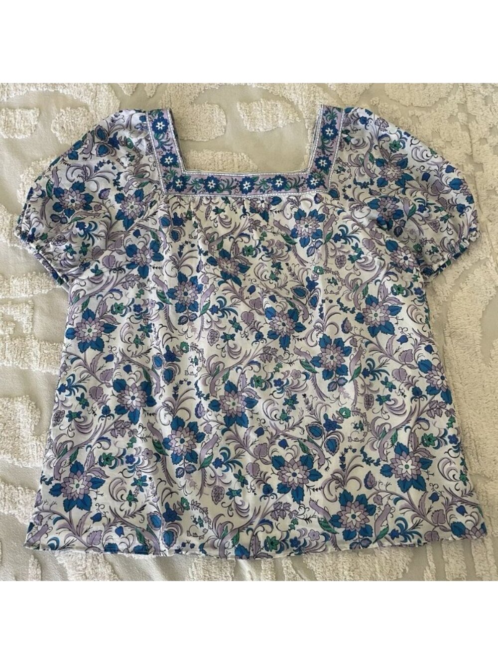Talbots Shirt Large Blue Purple Floral Puff Sleeve Boho Print Cotton Top Lined